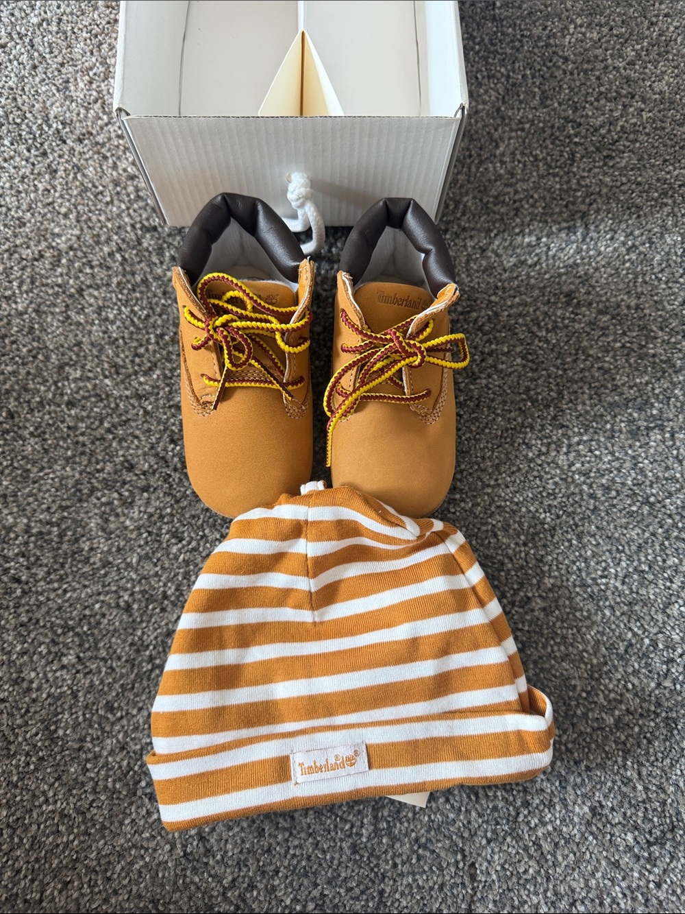 Timberland Kids Wheat Tan and Brown Booties with Striped Wheat Tan & White Hat